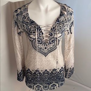Arden B navy and cream boho lace up front tunic